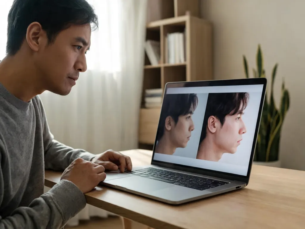 Osoba przy biurku porównująca dwa zdjęcia profilowe na laptopie, symbolizująca efekt halo w ocenie innych osób.