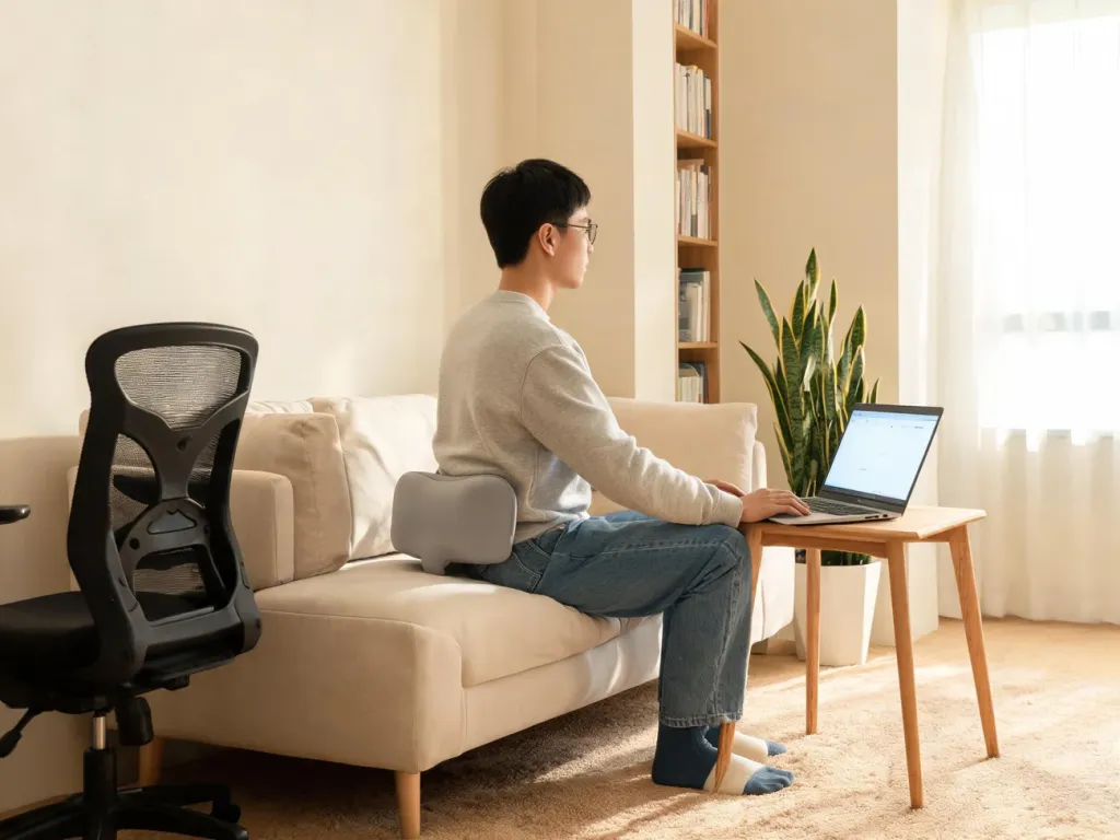 Osoba siedzi prosto przy laptopie w jasnym salonie, z poduszką lędźwiową, pokazując prawidłową postawę dla zdrowego kręgosłupa.