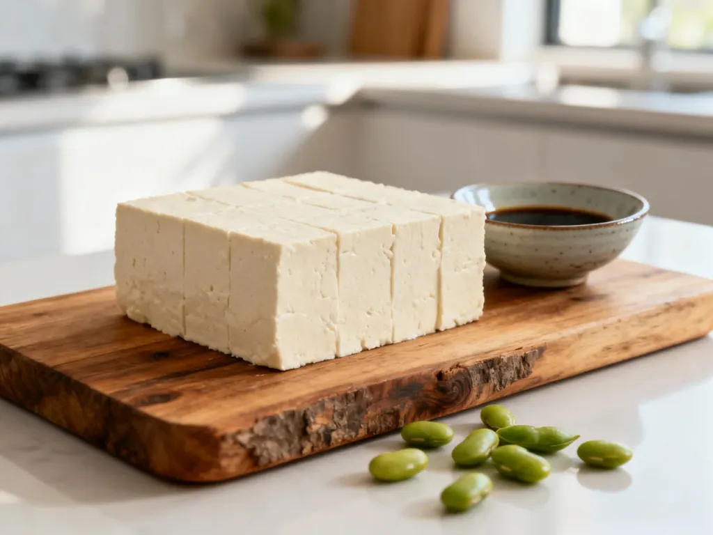 Kostka świeżego tofu na drewnianej desce z edamame i sosem sojowym, podkreślająca zdrowy charakter produktu.
