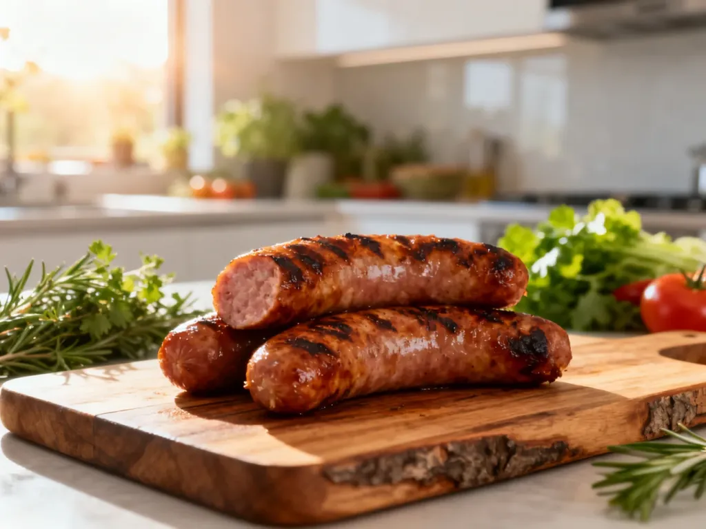 Grillowana parówka wysokiej jakości na drewnianej desce w jasnej, nowoczesnej kuchni.
