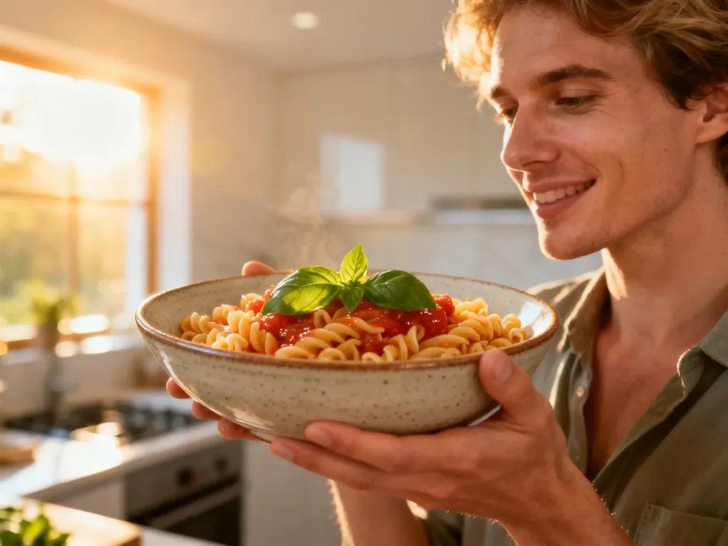 Miska świeżego makaronu al dente z sosem pomidorowym i bazylią w słonecznej kuchni.