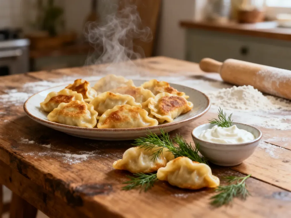 Talerz świeżych, parujących pierogów z koperkiem i śmietaną na rustykalnym drewnianym stole w domowej kuchni.